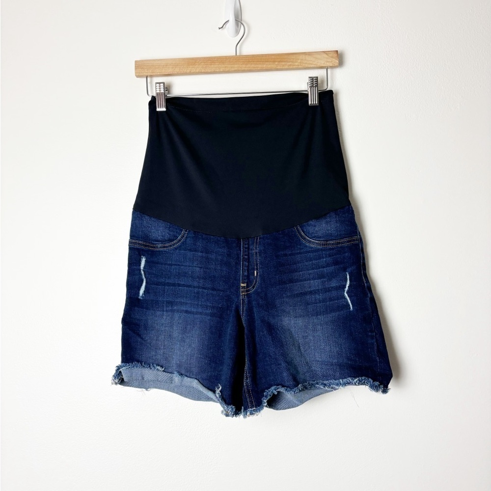 JUST BLACK • Women’s Dark Wash Distressed Cutoff Jean Full Belly Band Shorts